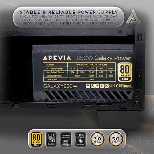 Image of Apevia Galaxy 850W 80+ Gold ATX 3.1 Fully Modular Gaming PSU, PCIe 5.1 600W 12VHPWR, Japanese Caps, Silent 135mm FDB Fan, Stable +12V Rail, PSU for RTX 5060 /5070 /5080 /40 Series