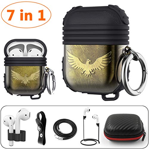 HALLEAST (7 in 1) Accessories Compatible AirPods Holder Portable Carrying Silicone Cover Anti-Lost Strap Shock Resistant Metal Hard Case Compatible Apple AirPod 2 & 1, Not for Wireless Charging, Dune