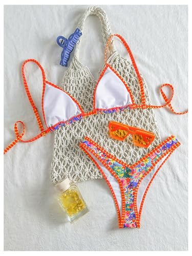 WDIRARA Women's 2 Piece Tropical Floral Bikini Set High Cut Thong Swimsuit Boho String Bathing Suit2