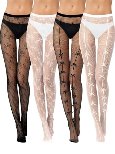 Image of 4 Pairs Tights Fishnet Stockings Floral Pantyhose Stockings Leggings Lace Tights for Women Girls Halloween