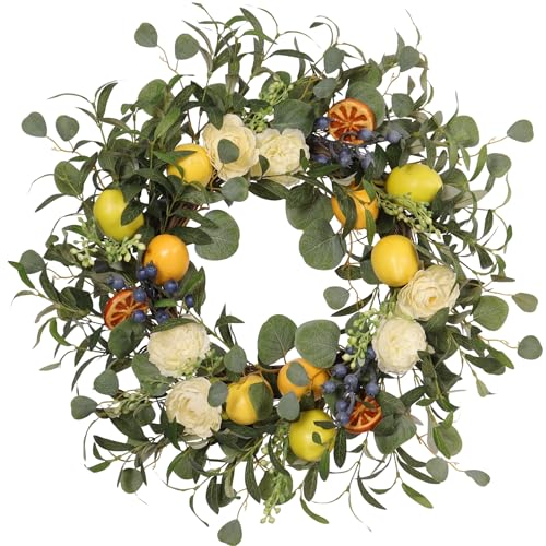 Quixem 22 Inch Lemon Wreath for Front Door, UV Resistant Faux Dried Orange Citrus Floral, Waterproof Farmhouse Spring Summer Wreath with Olive Leaves