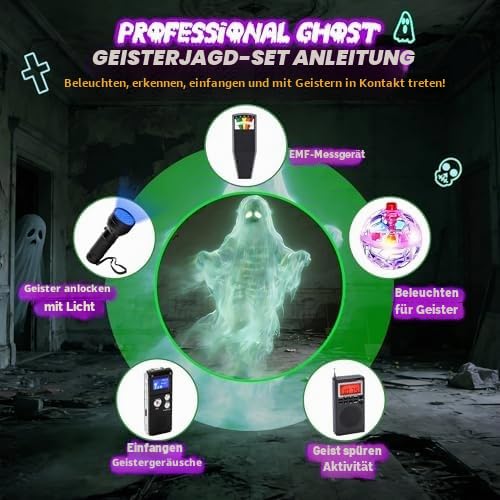 Professionelles 8-teiliges Geisterjagdausrüstungs-Set, Geisterjagd-Kit für paranormale Forschung, komplette Geisteruntersuchungsausrüstung mit EMF-Messgerät, Spirituosenbox und Rekorder