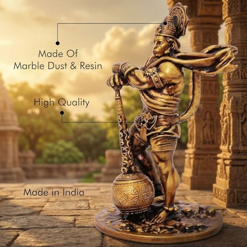 Image of Bahubali Hanuman Statue for Car Dashboard - Antique Finish Bajrangbali Idol with Gada - Powerful God Showpiece for Home Decor, Office Desk & Pooja