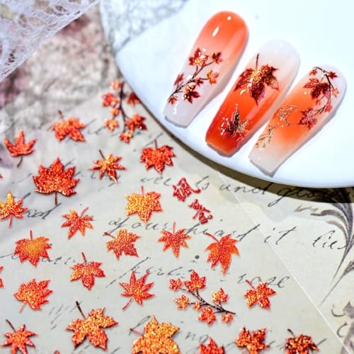 Image of Fall Nail Stickers Maple Leaf Nail Art Stickers Red Glitter Nail Decals 5D Embossed Self Adhesive Autumn Nails Design Charms Supply for Women Girls Thanksgiving Day Manicure DIY Decoration