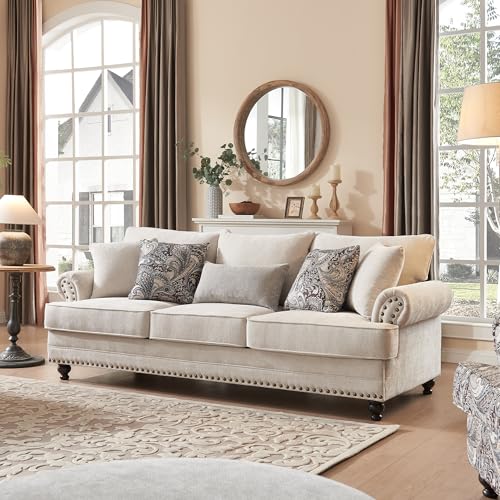 Image of Modern Farmhouse 3-Seat Sofa with Nailhead Trim, Chenille Upholstery, Rolled Arms, Deep Seat, Wooden Legs, Includes 5 Accent Pillows, Comfy Couch for Living Room