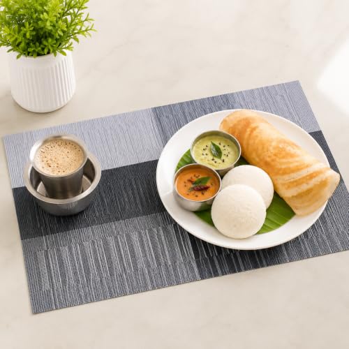 Image of OXSAM Placemats, Heat Insulation Non-Slip Vinyl mats, Stain-Resistant Tablemats for Home and cafe Dining Table Decor (Black & Gray, Pack of 8)
