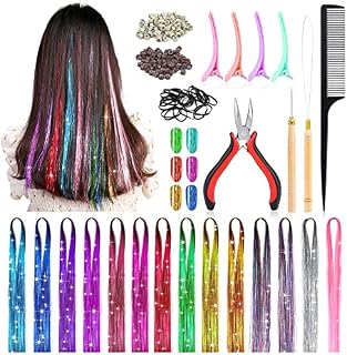 14 Colors 3000 Strands Hair Tinsel Extensions, 47 Inch Glitter Hair Extension Fairy Hair Tinsel Strands Kit, Holographic Dazzle Colour Straight Hair Extensions for Women Girls Party Cosplay