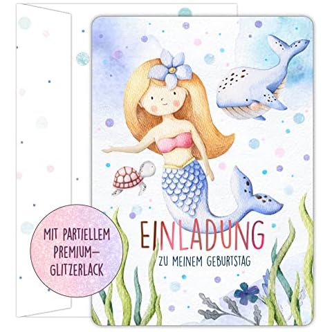 12 Children's Birthday Party Invitations with Glitter Paint and Colourful Postal Sleeves - Colourful Birthday Invitations - Birthday Invitations - Party Invitations - Mermaid Cover