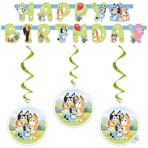 Bluey Birthday Banner and 3 Hanging Swirl Decorations - Bluey Birthday Decorations and Party Supplies - Officially Licensed