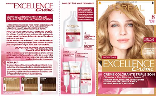 L'Oréal Paris - Excellence Crème - Coloration Permanente Triple Soin 100% Couverture Cheveux Blancs - Nuance 8 Blond Clair - Lot de 2
