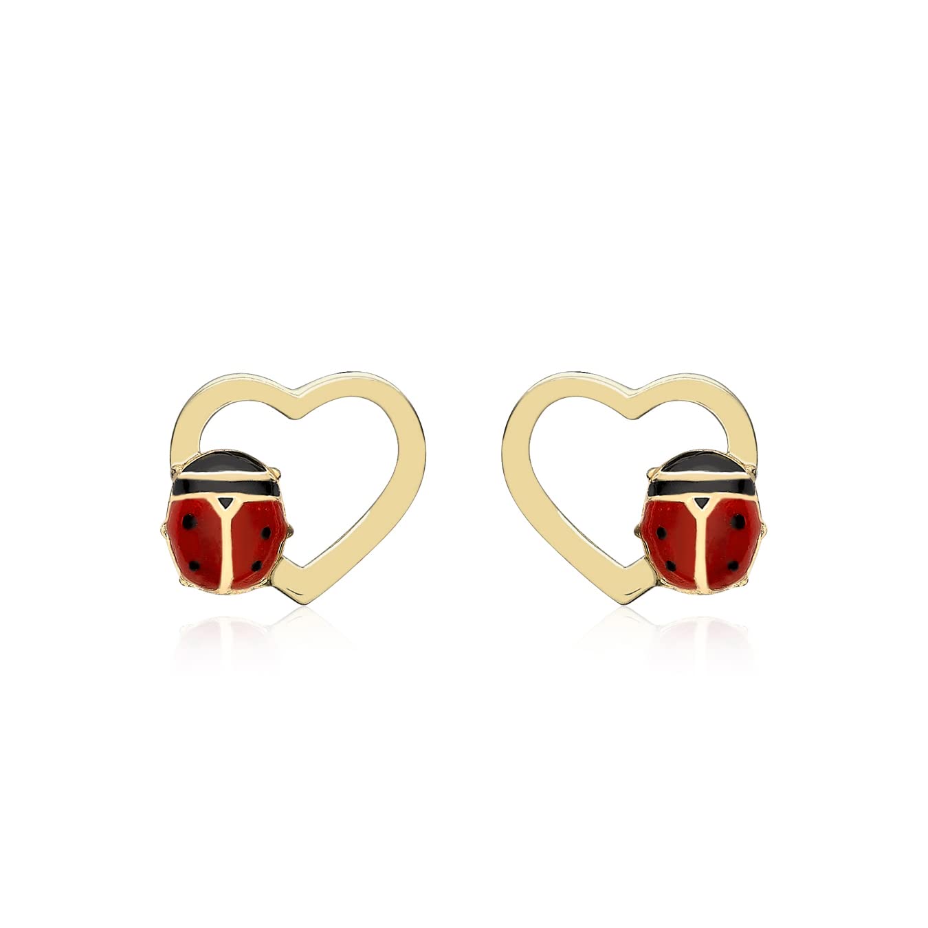 Carissima Pendientes de Botón con 'Corazón y Mariquita' para Mujer en Oro Amarillo 9K (375) - 8.2mm x 6.9mm