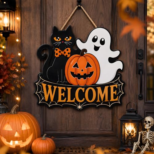 Image of Halloween Party Decorations - Halloween Welcome Wreaths Sign for Front Door | Wooden Black Cat Ghost Pumpkin Hanging Decor for Porch Wall Door- Halloween Garland Porch Decor for Party Favors Supplies