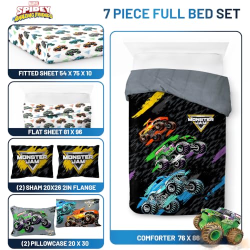 Image of Monster Jam Trucks Full Size Comforter Set 7 Piece Kids Bedding, Black | Grave Digger Megalodon, Comforter Sheets Shams Pillowcases, Official Product, Soft Microfiber, Machine Washable, Boys Gift