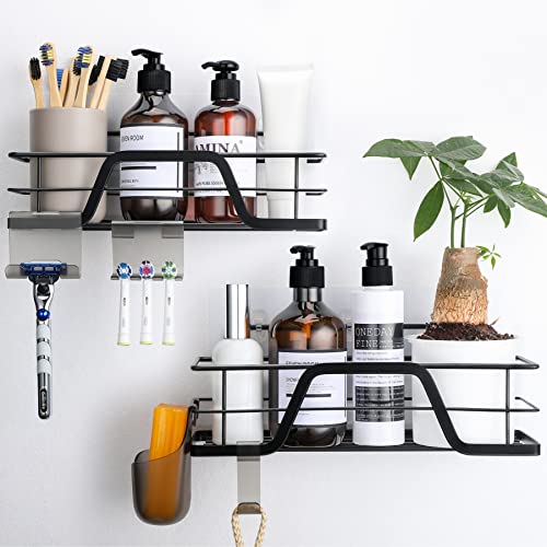Dvocel Bandeja de ducha sin taladrar, cesta de ducha de acero inoxidable, estante de pared autoadhesivo, para baño y cocina, con 10 ganchos, soporte de champú, color negro Cover