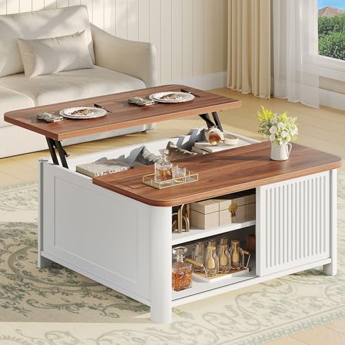 Image of Decofy Lift Top Coffee Table with Storage, Square Coffee Table with Large Hidden Storage & Adjustable Shelves, Farmhouse Center Table with Sliding Door for Living Room, Home Office, White