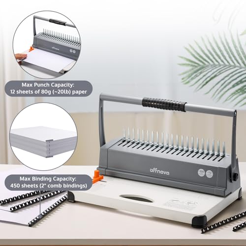 Image of OFFNOVA Binding Machine, 21-Hole 450 Sheets Paper Comb Binding Machine for Letter Size / A4 / A5 Paper, Easy to Punch Handle, Adjustable Margin, Book Binder with 100 PCS 3 /8'' Comb Binding Spines