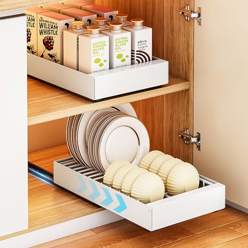 Slide Out Cabinet Organizer, Pull Out Drawer with Slide out Dish Drying Rack, Adhesive Pull out Organizer Shelves for Kitchen Cabinets, Under Sink Organizer Storage, White