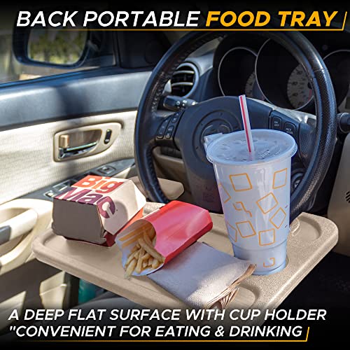 Image of EcoNour 2 in 1 Car Steering Wheel Desk (Beige) | Steering Wheel Tray for Laptop, Eating, Drinks | Rectangular ABS Car Tray with Pen Holder & Cup Holder
