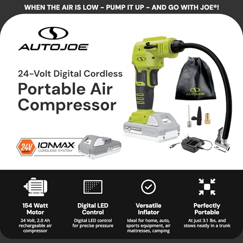 Image of Sun Joe Cordless Tire Air Inflator and Compressor Kit w / 2.0-Ah Battery, Charger and Nozzle Adapters - Portable Battery-Powered Inflating Tool for Car Wheels, Pools, and Bikes, IONMAX 24V-AJC-LTE