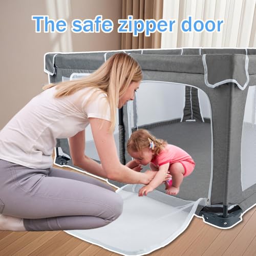 Image of Foldable Baby Playpen 59 inchx71 inch，Playpen for Babies and Toddlers with Mat，with Door，Indoor and Outdoor Baby Fence Play Area (Grey (Cationic Fabric) with Mat