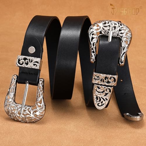Image of JASGOOD Double Buckle Western Belts for Woman Cowgirl Country Belt Vintage Black Leather Belt for Jeans Pants Dresses