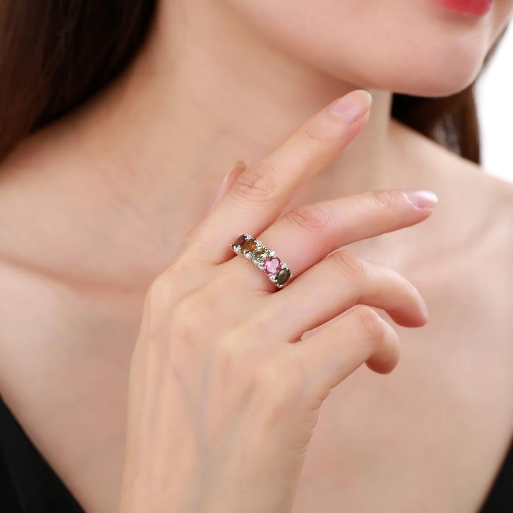 Kemstone Stunning Natural Tourmaline Sterling Silver Ring Colorful Gems Rings for Women (6)