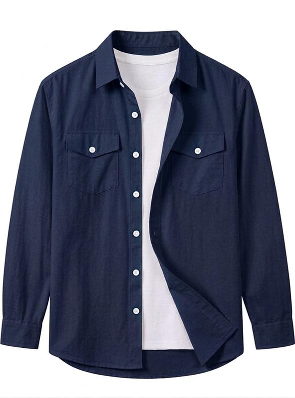 Image of DEELMO Men Solid Slim Fit Casual Overshirt Style Shirt | Full Sleeve Button-Down Layering Shirt Smart Casual Look