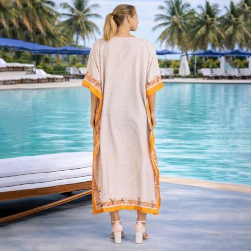 Image of Miss Lavish London Kaftan Dresses for Women Plus Size Long Batwing Sleeve Caftans, V Neck Moo Moo Printed Beach Cover Up Maxi Beach Dress, Bathing Suit Cover-Up Loungewear