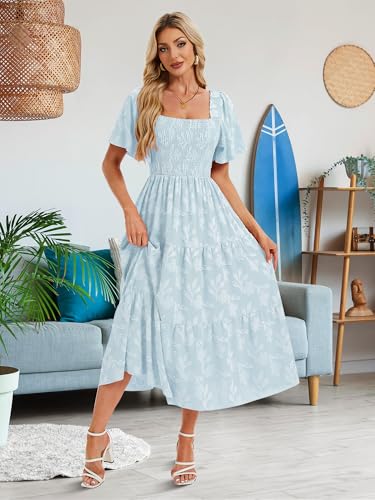 Image of Women's Summer Dresses 2025 Casual Maxi Dresses Boho Floral Short Sleeves Square Neck Beach Vacation with Pockets