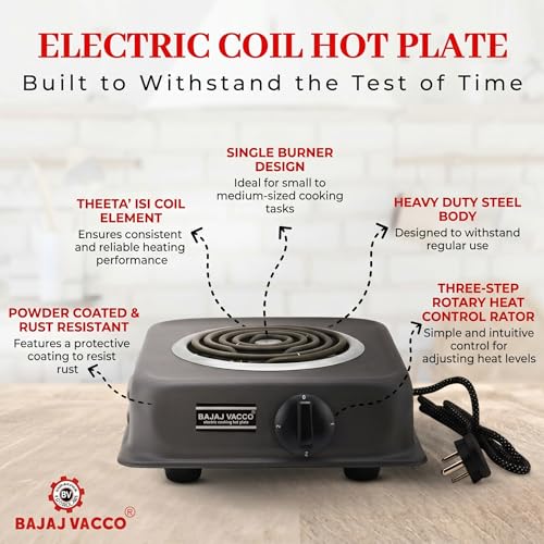 Image of BAJAJ VACCO Coil Hot Plate, 2000-Watt Electric Cooktop, Coil Stove, Cooking Heater, Black, HP-06 New