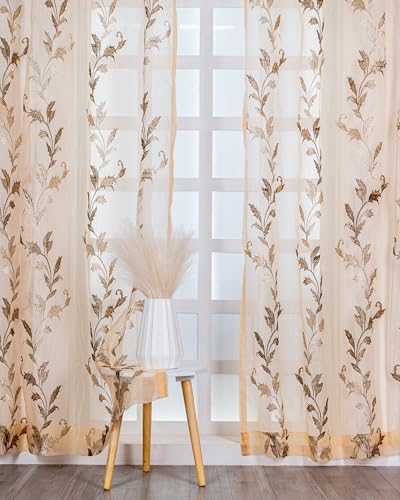 Image of (5 Ft Tissue Fabric Embroidered Curtain | Leaf Design Grommet Curtains Window Curtain | Vintage Classical Floral Print | For Home | Brown (Pack Of 2) | 152 L X 121 W Centimeters