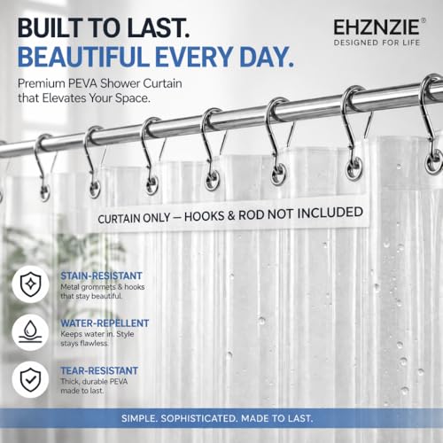 Image of EHZNZIE Crystal Clear Shower Curtain Liner 54x78, PEVA Waterproof Bath Curtain, No Chemical Smell, Weighted Magnets, Durable with Rustproof Metal Grommets