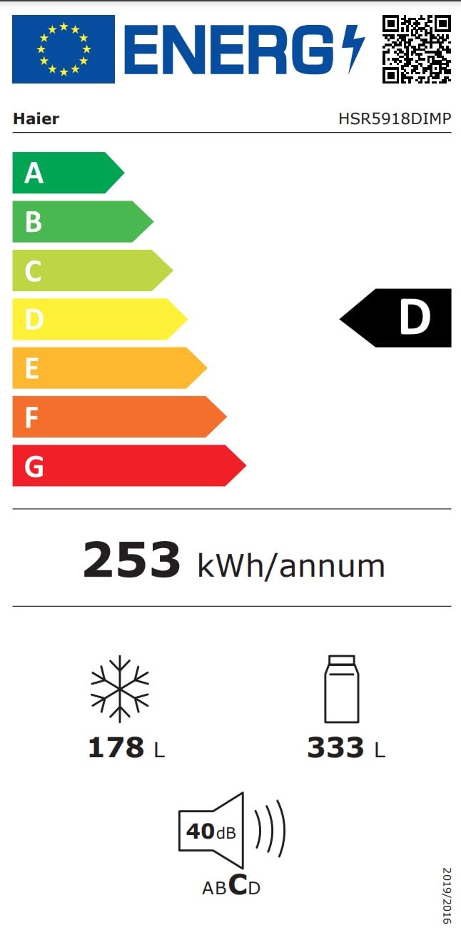 Haier SBS 90 SERIE 5 HSR5918DIMP Kühl-Gefrierkombination / Edelstahl-Front / Wasser- und Eiswürfelspender / Festwasseranschluß / Multi Airflow /Total No Frost / Sparsam: Energieeffizienzklasse D | Klasse D, Inverter-Motor, Multi Air Flow, Wasser- und Eiss