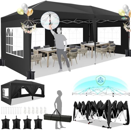 HOTEEL 10x20 Pop Up Canopy with 6 Sidewalls,One-Push Setup Canopy Tent with 8 Windbreak Poles,Waterproof Shade 10x20,Outdoor Canopies for Parties,Weddings,Camping,Patios (Black)
