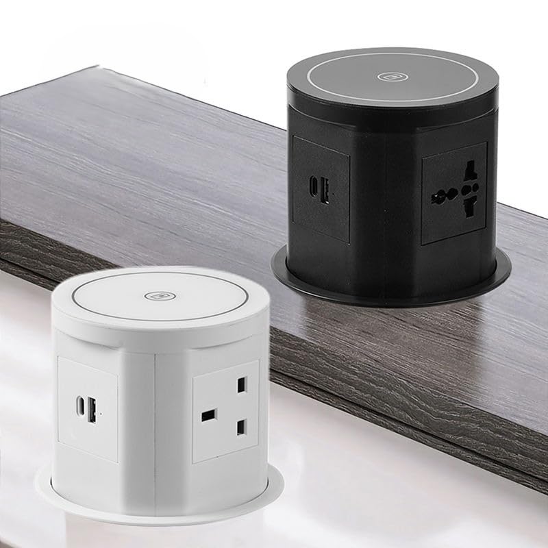 Image of Audiovan Vertical Pop Up socket Pneumatic Electrical Countertop 3* Power+ USB type A+C charger hdmi aND Lan Port RJ45, 18 watt Fast Wireless phone charge Conference Desk (White VMP-28)