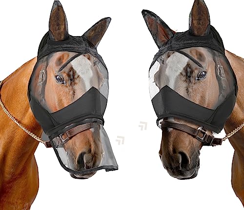 Horse Fly Mask with Ears Long Nose Full Face,Nose Net Cover Removable via Zipper Soft Mesh UV Protection (COB)