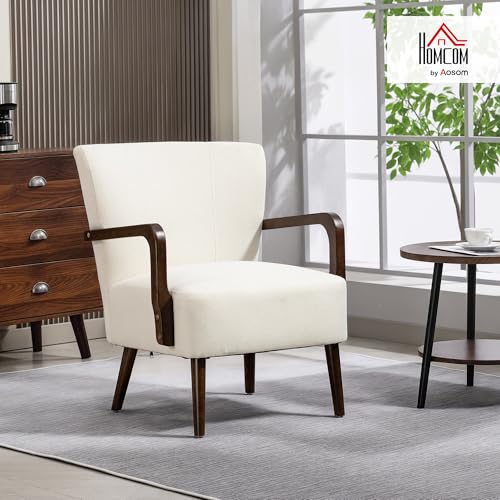 HOMCOM Accent Chair with Wooden Legs, Upholstered Linen Fabric Armchair with Wide Back and Thick Padding, Modern Comfy Chair for Living Room, Bedroom, Cream White - Image 3