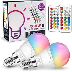Unisun E14 led-gloeilamp met wisselende kleuren, dimbaar, equivalent aan 40 W, 2700 K RGB schroefgloeilampen met afstandsbediening, warmwitte energiebesparende nachtlamp (verpakking van 2 stuks)