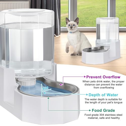 Sfozstra Gravity Water Bowl Dispenser : Automatic 4L White Cat Stainless Steel Feeder Without Filters for Pets Indoor/Outdoor by Owners - Image 5