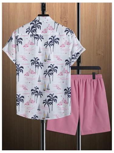 COZYEASE Conjunto de 2 peças havaianas masculinas de manga curta com botão e shorts de praia rosa co