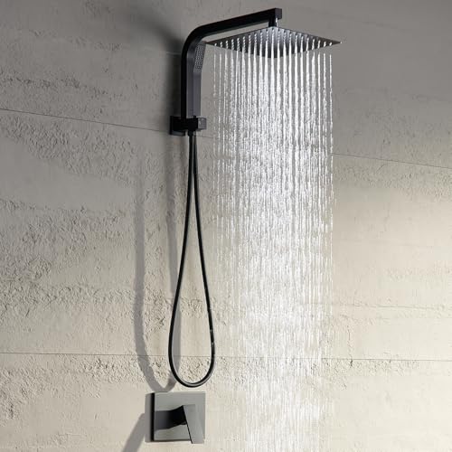 Image of Black Shower Head and Handle Set, Shower Faucet Set with 10 Inch Rain Shower Heads with Handheld Spray Combo, Rainfall Bathroom Shower System Rain Shower Head and Handle Set