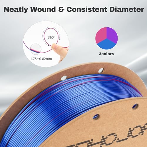 Image of 3DHoJor Silk PLA Filament 1.75mm Blue Purple Red Triple Color PLA 3D Printer Filament 3 in 1 Coextrusion 1KG Spool(2.2lbs) 3D Printing Filament Dimensional Accuracy + /- 0.03mm