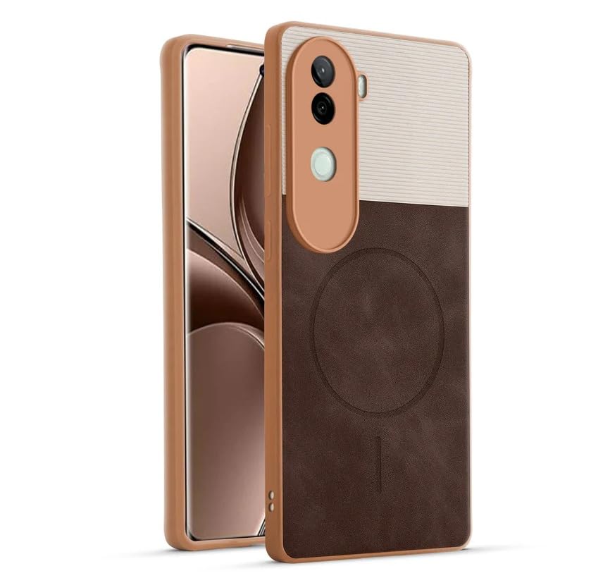 Image of Bintage CASE Mac Safe Design Hard Light Weight Back Case | Soft Border Camera Protect | Dual PU Leather Finish Back Cover Compatible for iQOO Z9s 5G - White & Cherry Brown