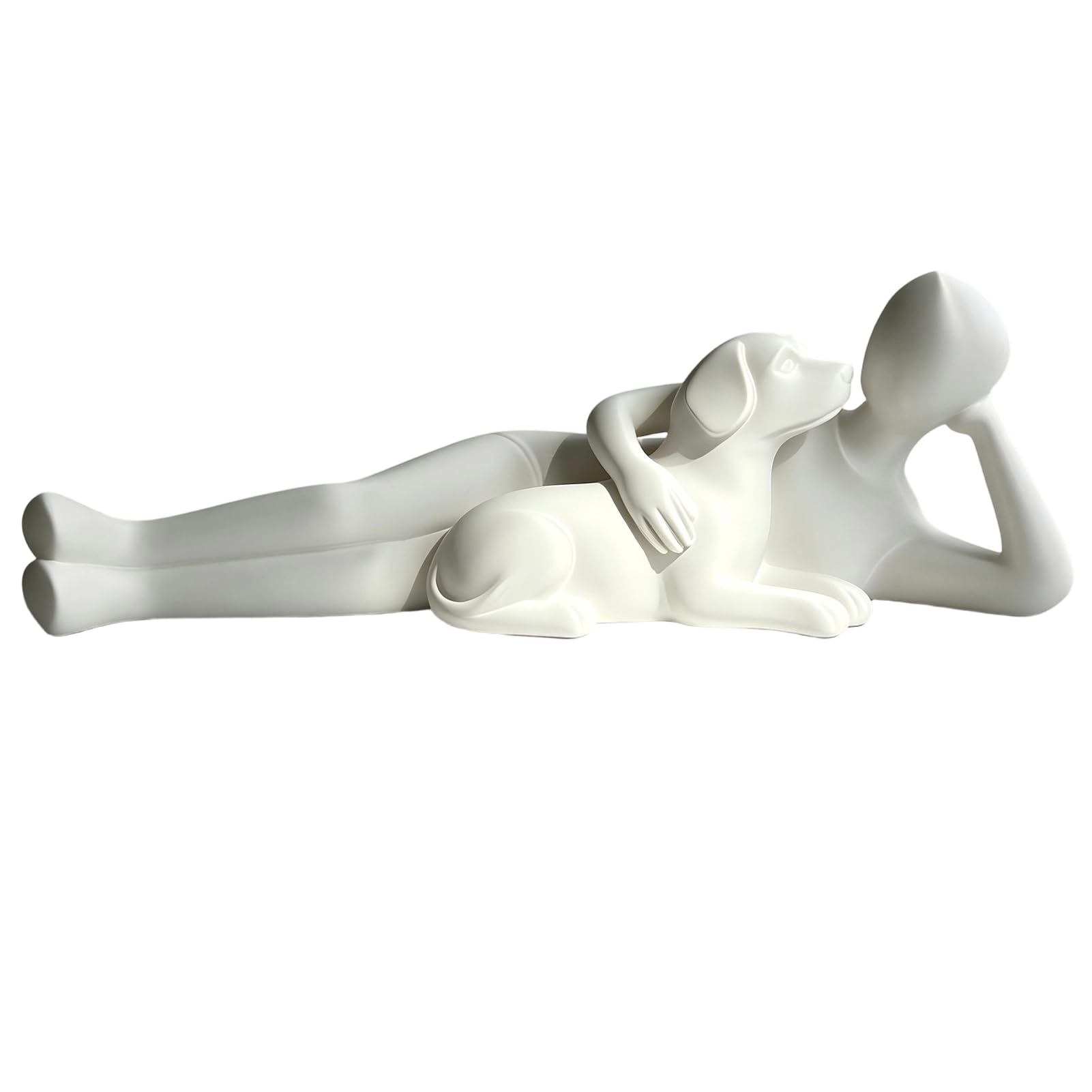 Troxel 3D Printed Man Lying on Dog Statue Minimalist Abstract Human Pet Figurine Matte Black Sculpture for Desk Shelf Gift White