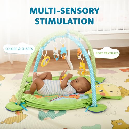 Image of Amazon Brand - Supples Baby Play Gym Pool | Activity Play Gym for Baby with Hanging Toys and 30 Colorful Balls | 3-in-1 Ball Pit, Mat & Gym | Giraffe Print | Multicolor | Baby Bedding for 2+ Months