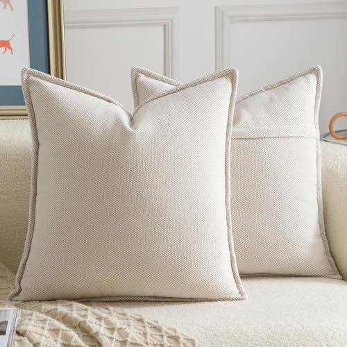 Madizz Lot de 2 Doux Housses de Coussin en Chenille avec Bordure Décorative pour Canapé Chambre à Coucher Salon Décoration Maison Moderne Beige 45x45 cm