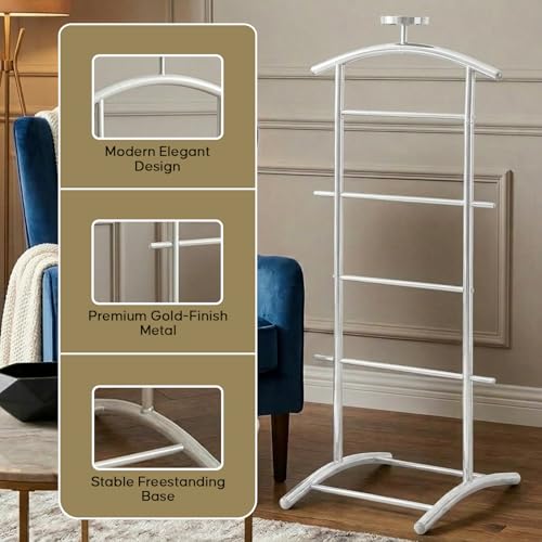 Image of Kings Brand Freestanding Metal Suit Valet Stand with Tie Bar, White | Complete Clothing Organizer with Hanger, Trouser Bar & Shelf Keeps Jackets, Pants, Ties, Belts & Accessories Organized