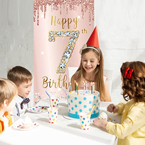 Image of 7th Birthday Door Banner Decorations for Girls, Pink Rose Gold Happy 7 Door Cover Sign Party Supplies, Seven Year Old Backdrop Poster Background Decor