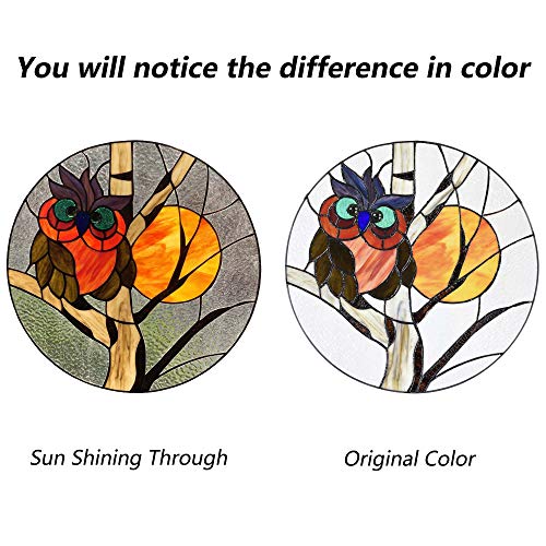 Bieye W10062 Owl in a Bare Tree Tiffany Style Stained Glass Window Panel with Chain, Round Shape, 16-inch Wide