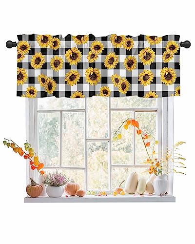 Sunflower Window Curtains Valances for Living Room, Kitchen Valances Rod Pocket Curtain Drapery, Fall Summer Buffalo Plaid, Soft&Washable Window Treatment Valances, Black White, 1 Panel, 54x18inch